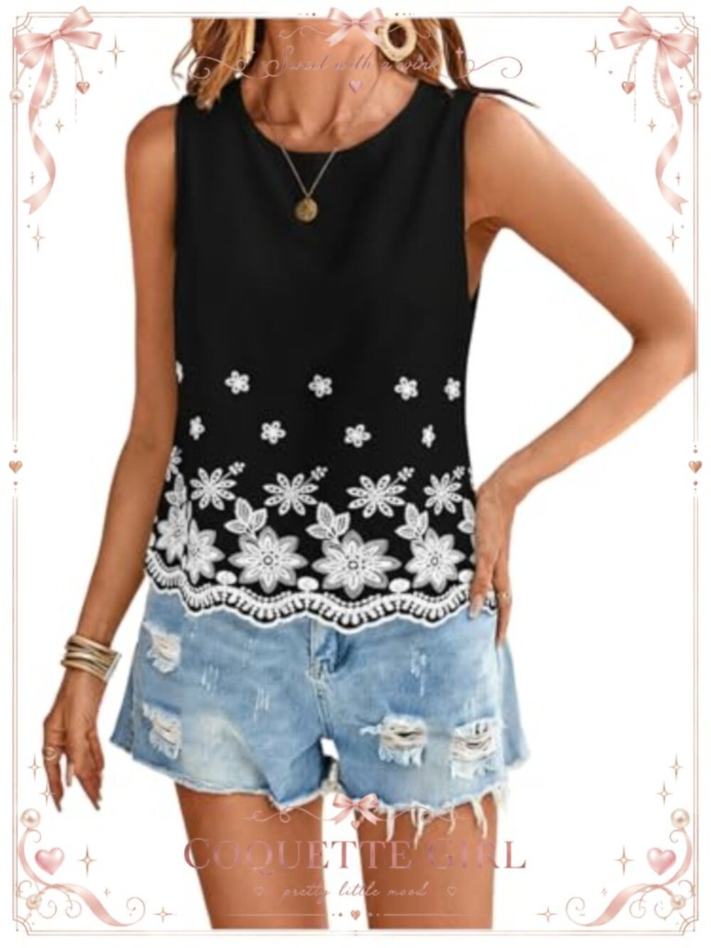 Sleeveless Boho Eyelet Tank Top Floral Embroidery Viscose Summer Vacation